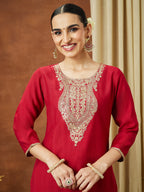 Janasya Women's Maroon Silk Blend Yoke Embroidered Straight Kurta