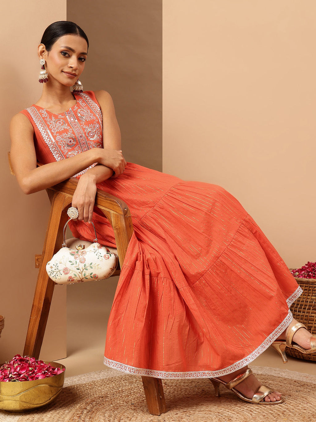 Janasya Women's Orange Pure Cotton Yoke Embroidered Tiered Kurta