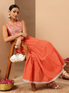 Janasya Women's Orange Pure Cotton Yoke Embroidered Tiered Kurta
