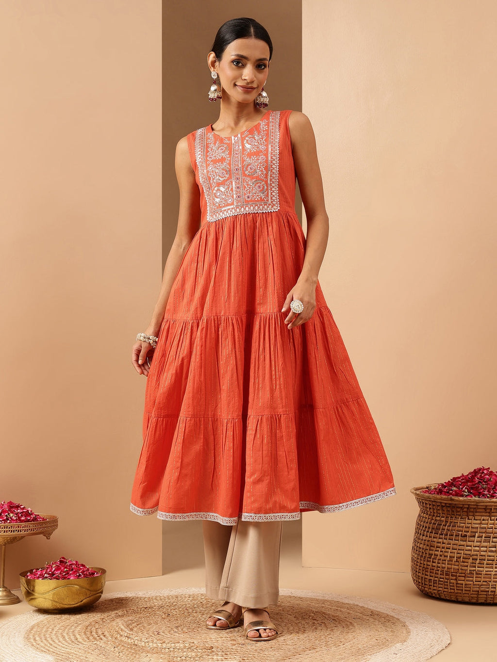 Janasya Women's Orange Pure Cotton Yoke Embroidered Tiered Kurta