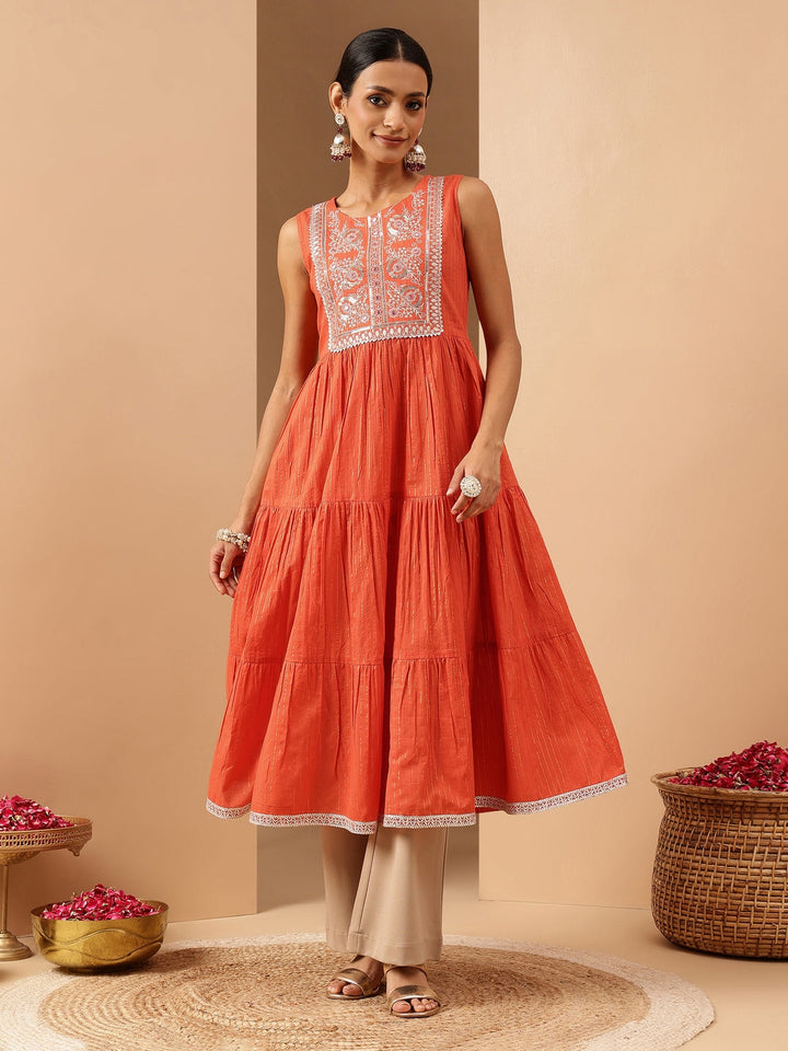 Janasya Women's Orange Pure Cotton Yoke Embroidered Tiered Kurta - qivii