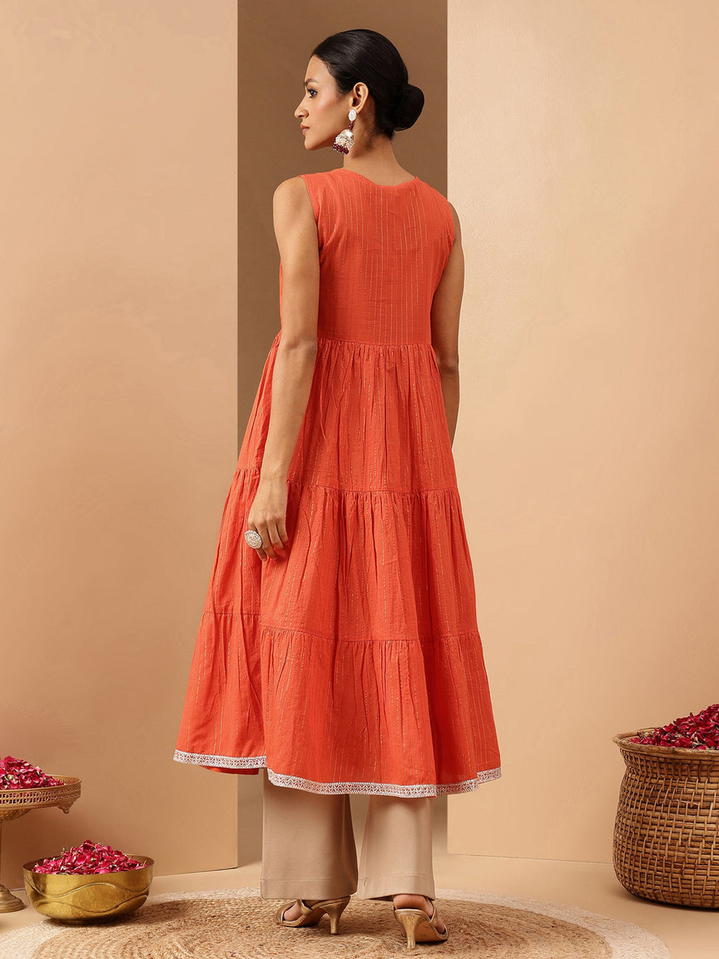 Janasya Women's Orange Pure Cotton Yoke Embroidered Tiered Kurta