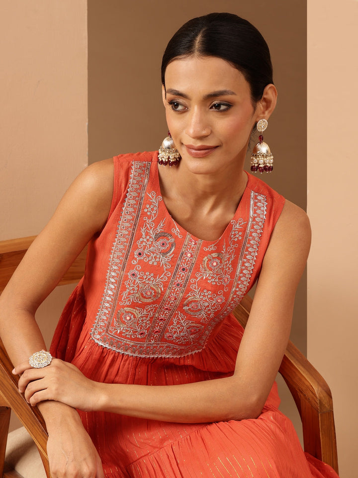 Janasya Women's Orange Pure Cotton Yoke Embroidered Tiered Kurta - qivii