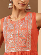 Janasya Women's Orange Pure Cotton Yoke Embroidered Tiered Kurta