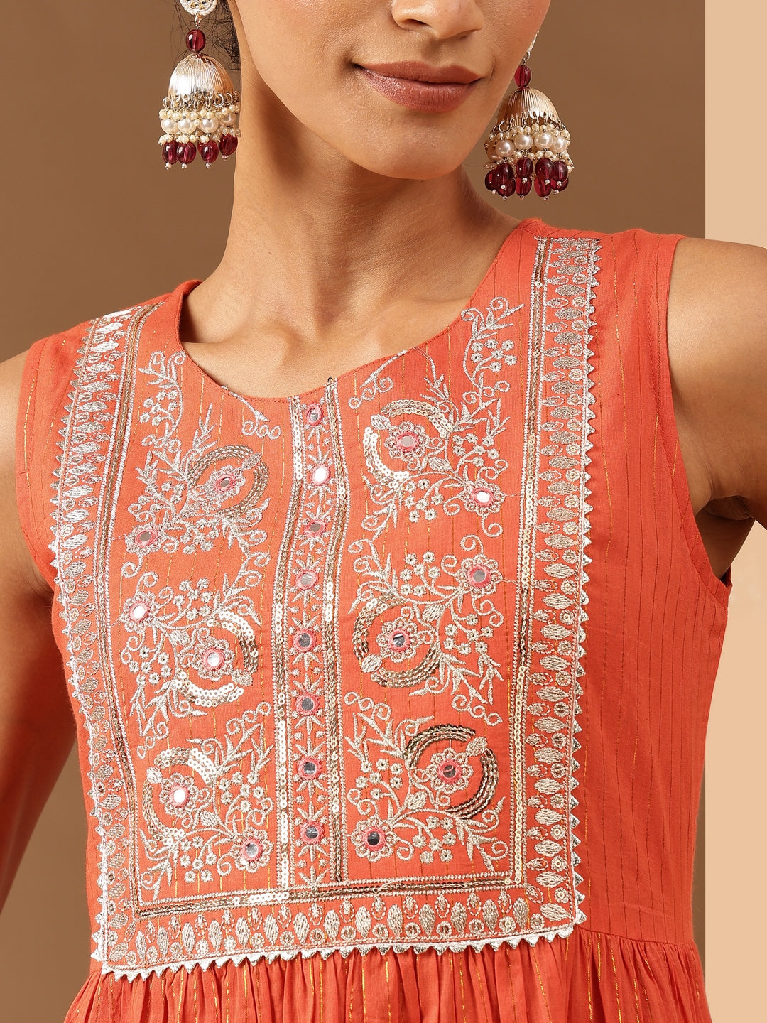 Janasya Women's Orange Pure Cotton Yoke Embroidered Tiered Kurta