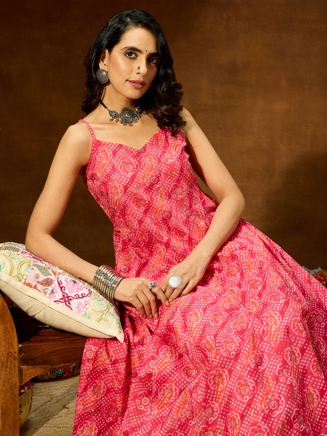 Janasya Women's Pink Pure Cotton Bandhani Printed Anarkali Kurta