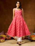 Janasya Women's Pink Pure Cotton Bandhani Printed Anarkali Kurta