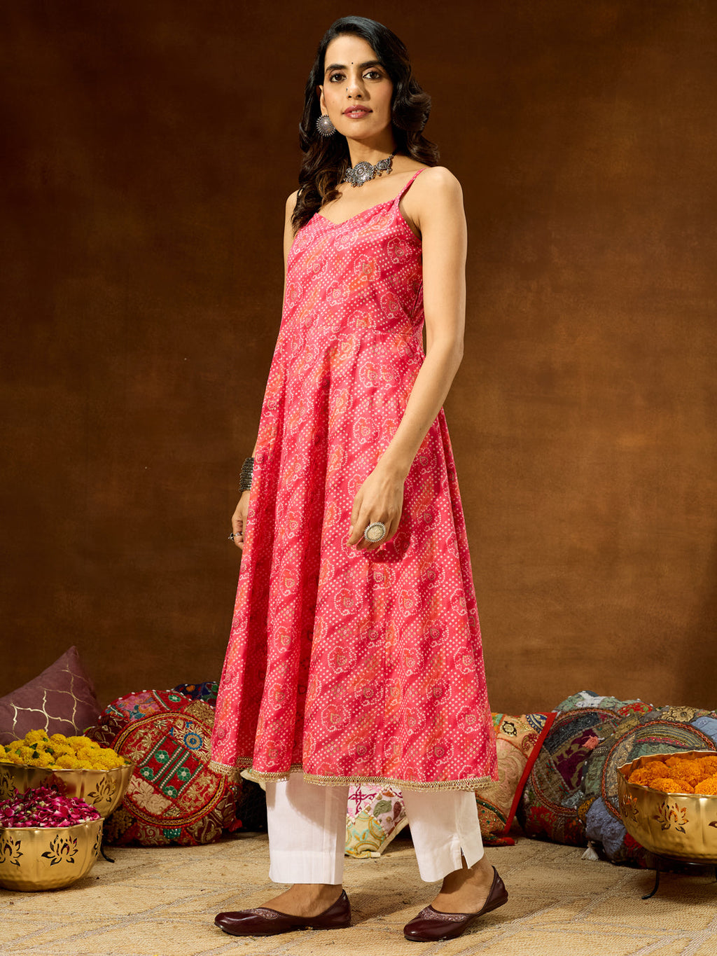 Janasya Women's Pink Pure Cotton Bandhani Printed Anarkali Kurta