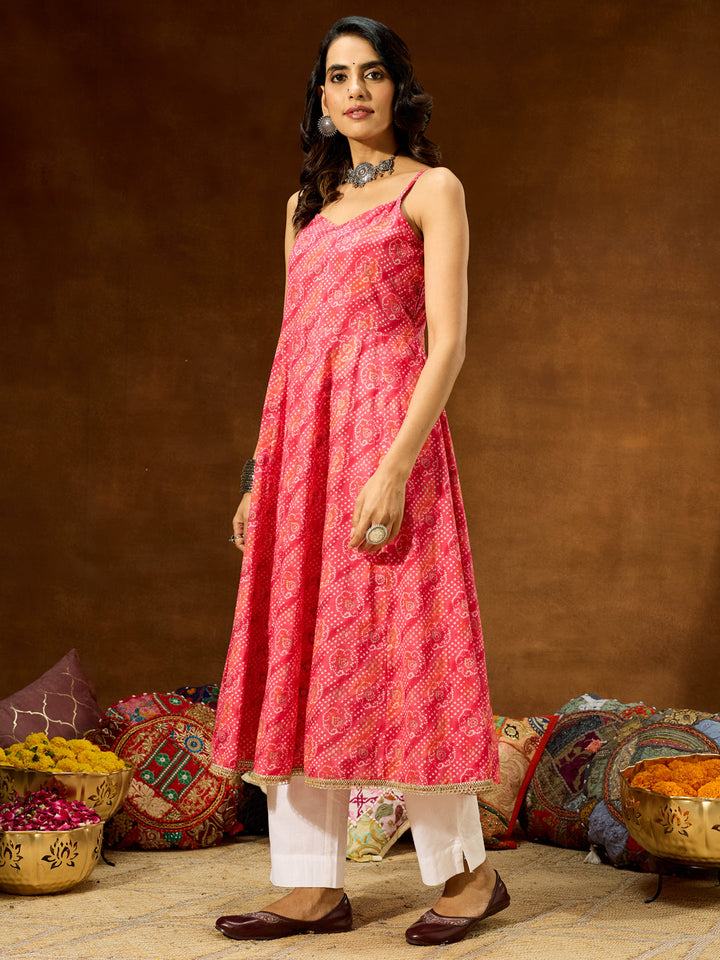 Janasya Women's Pink Pure Cotton Bandhani Printed Anarkali Kurta - qivii