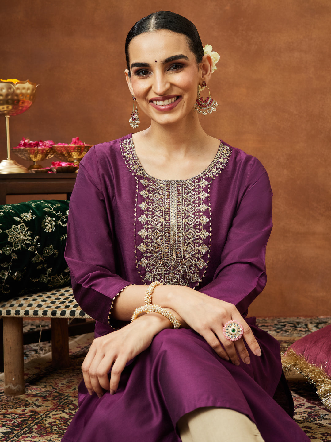 Janasya Women's Wine Chanderi Silk Zari Yoke Embroidered Straight Kurta - qivii