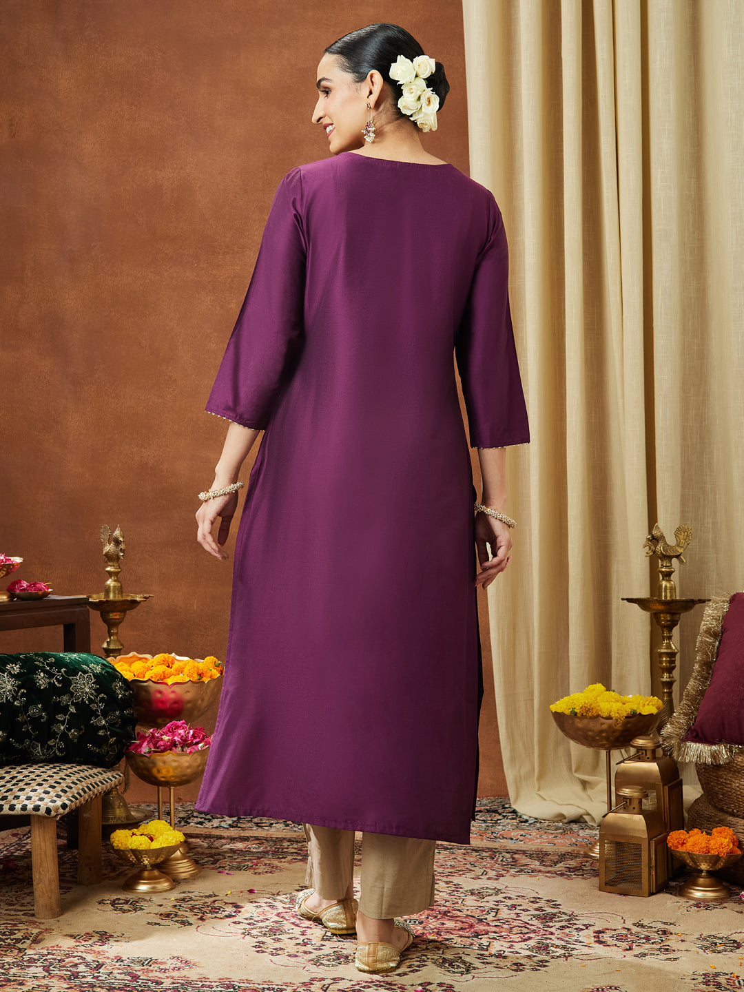 Janasya Women's Wine Chanderi Silk Zari Yoke Embroidered Straight Kurta - qivii