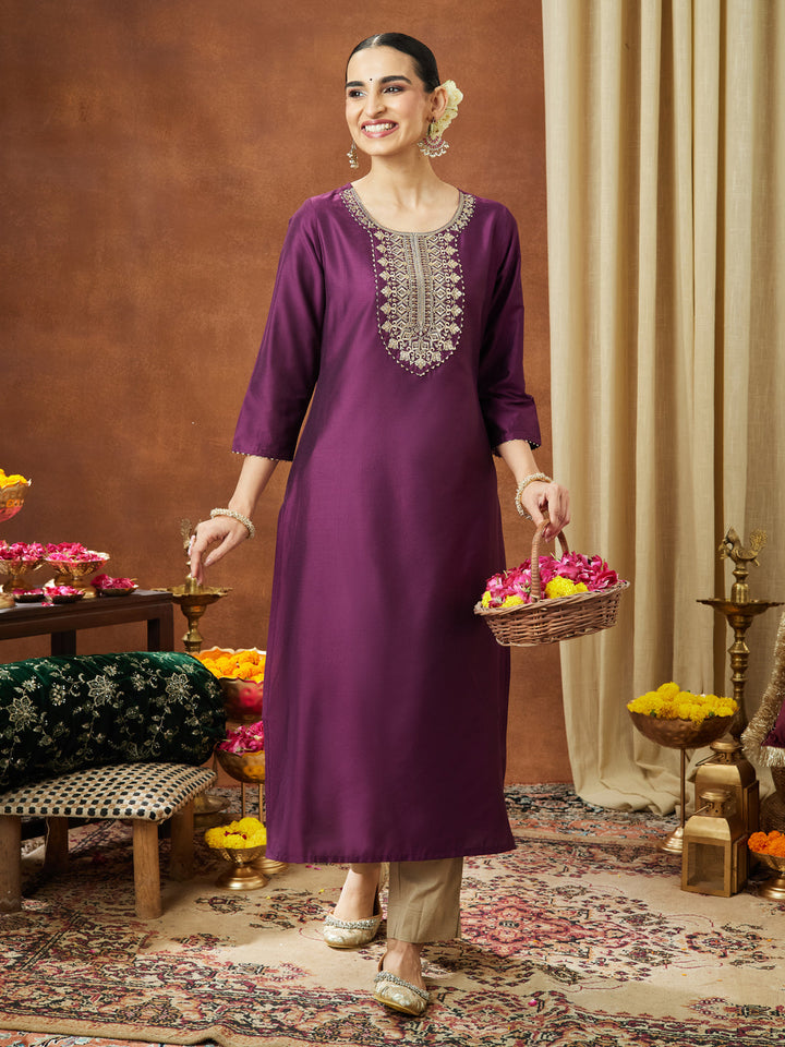 Janasya Women's Wine Chanderi Silk Zari Yoke Embroidered Straight Kurta - qivii