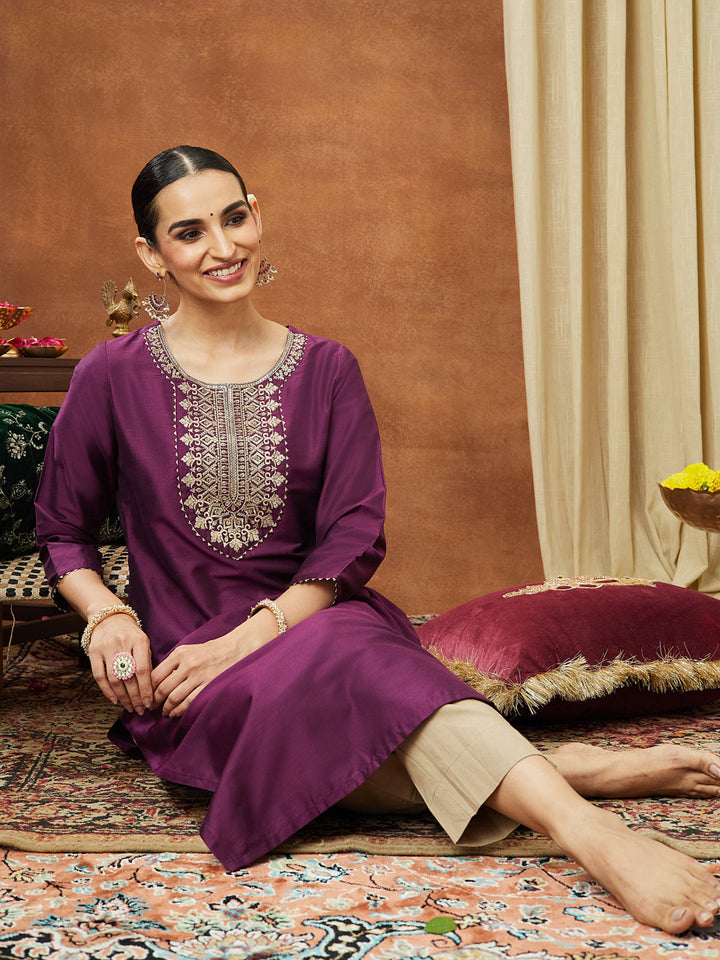 Janasya Women's Wine Chanderi Silk Zari Yoke Embroidered Straight Kurta - qivii