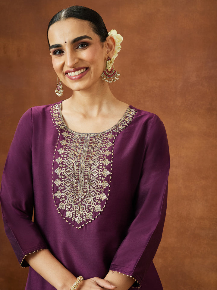 Janasya Women's Wine Chanderi Silk Zari Yoke Embroidered Straight Kurta - qivii
