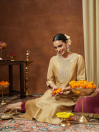 Janasya Women's Beige Chanderi Silk Zari Yoke Embroidered Straight Kurta