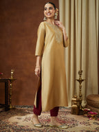 Janasya Women's Beige Chanderi Silk Zari Yoke Embroidered Straight Kurta