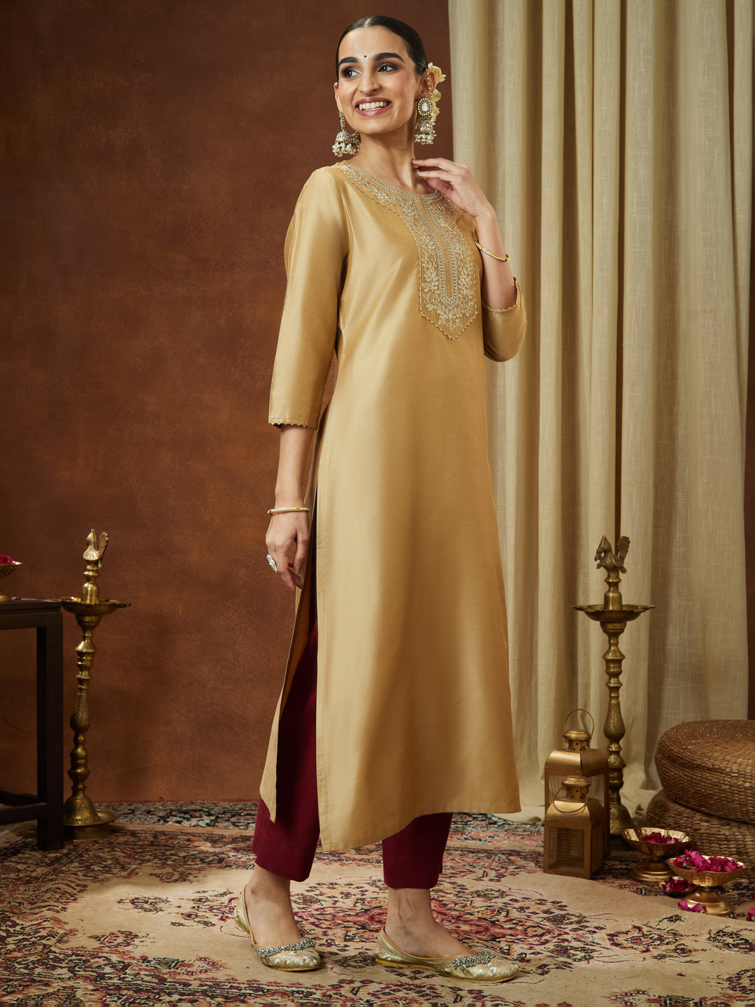 Janasya Women's Beige Chanderi Silk Zari Yoke Embroidered Straight Kurta