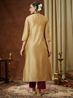 Janasya Women's Beige Chanderi Silk Zari Yoke Embroidered Straight Kurta