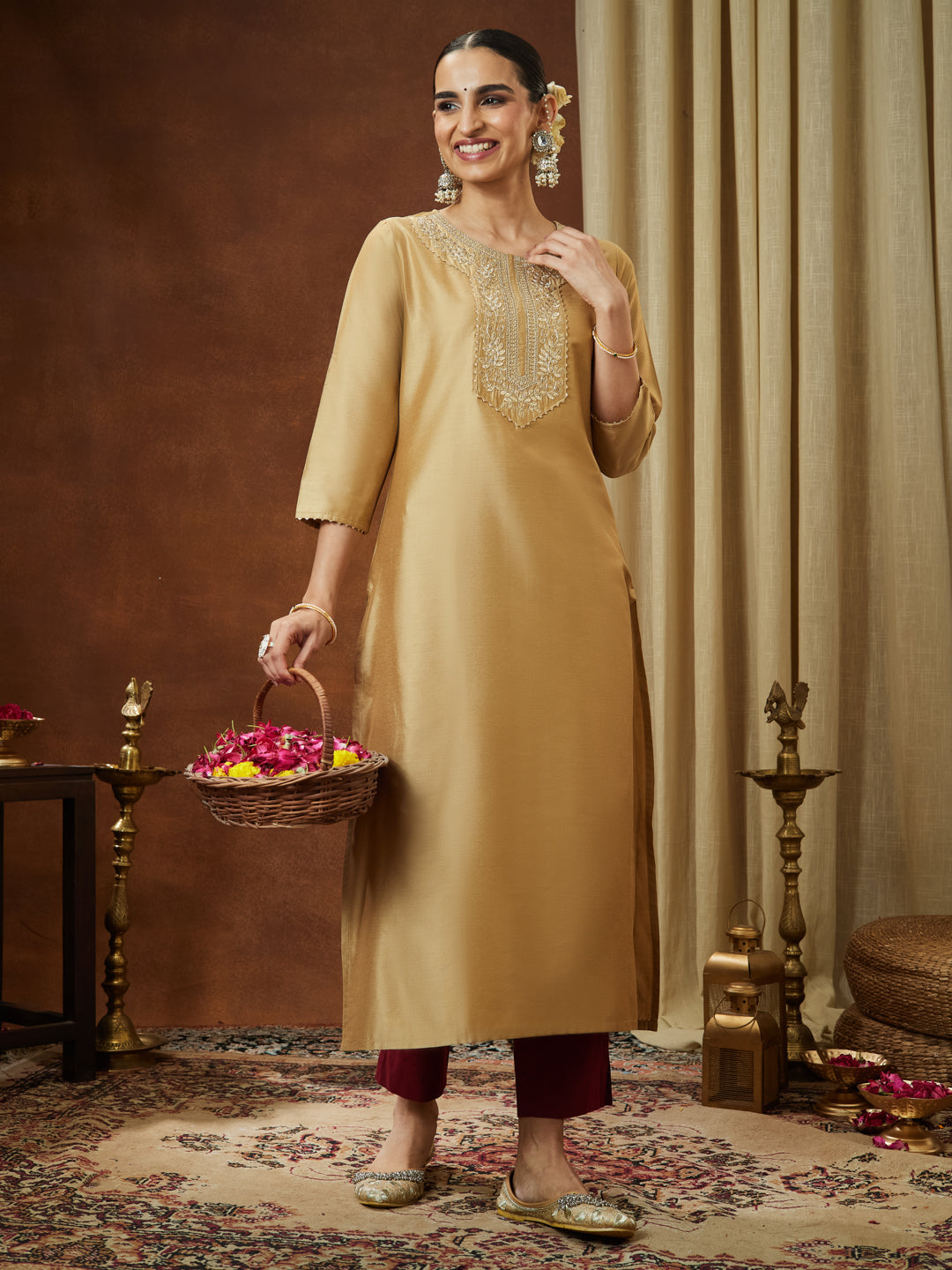 Janasya Women's Beige Chanderi Silk Zari Yoke Embroidered Straight Kurta - qivii