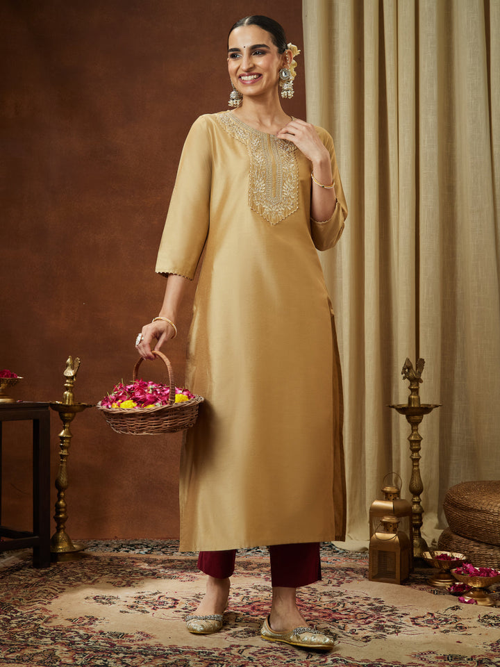 Janasya Women's Beige Chanderi Silk Zari Yoke Embroidered Straight Kurta - qivii