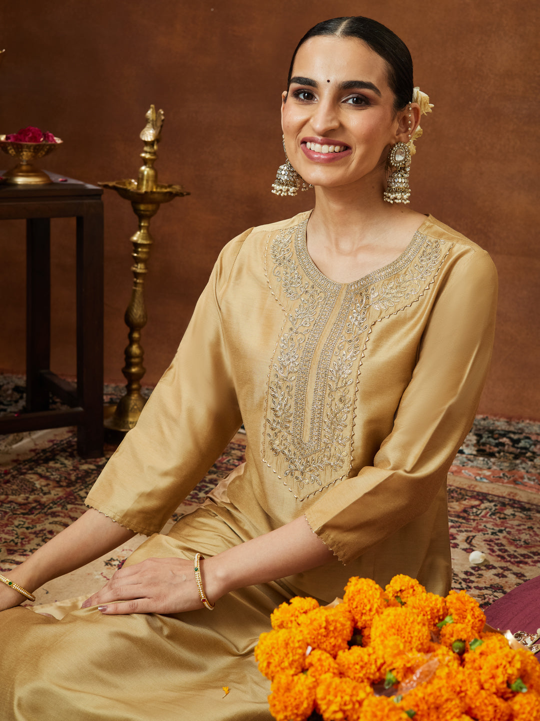 Janasya Women's Beige Chanderi Silk Zari Yoke Embroidered Straight Kurta - qivii