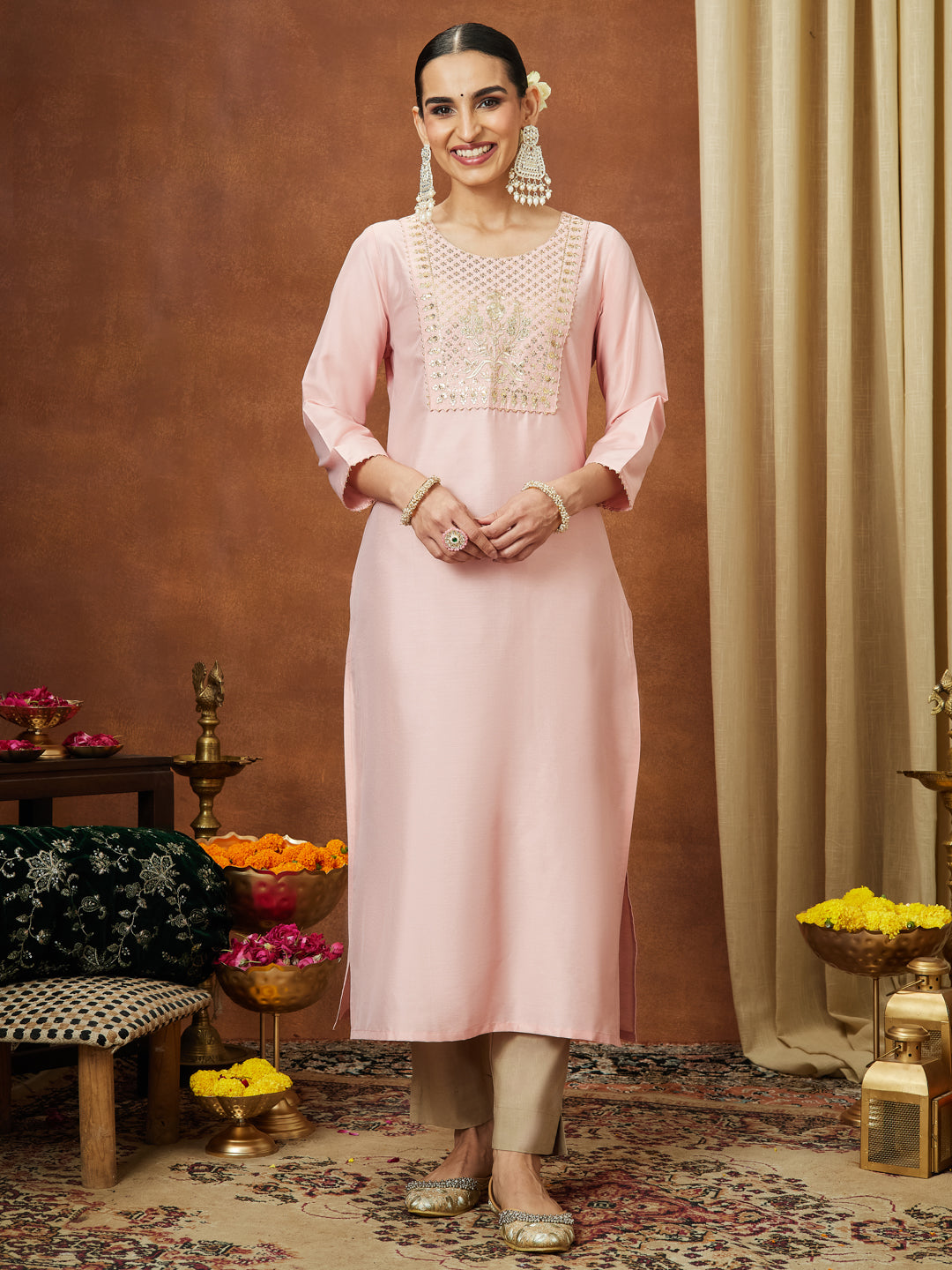 Janasya Women's Light Pink Chanderi Silk Yoke Embroidered Straight Kurta - qivii