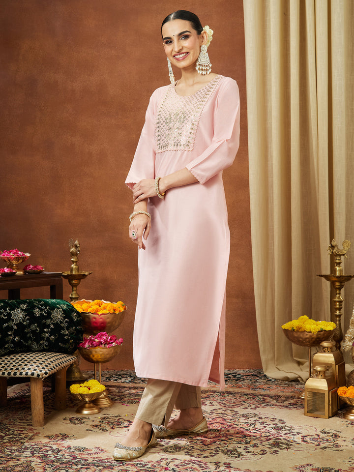 Janasya Women's Light Pink Chanderi Silk Yoke Embroidered Straight Kurta - qivii