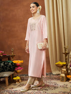 Janasya Women's Light Pink Chanderi Silk Yoke Embroidered Straight Kurta