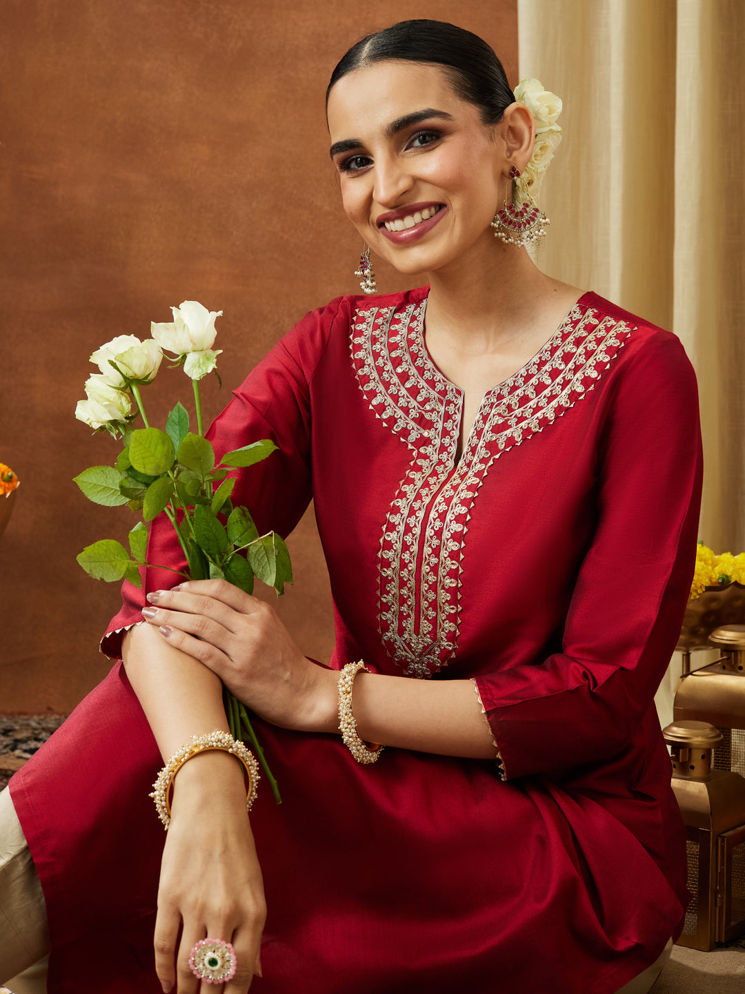 Janasya Women's Maroon Chanderi Silk Zari Yoke Embroidered Straight Kurta - qivii