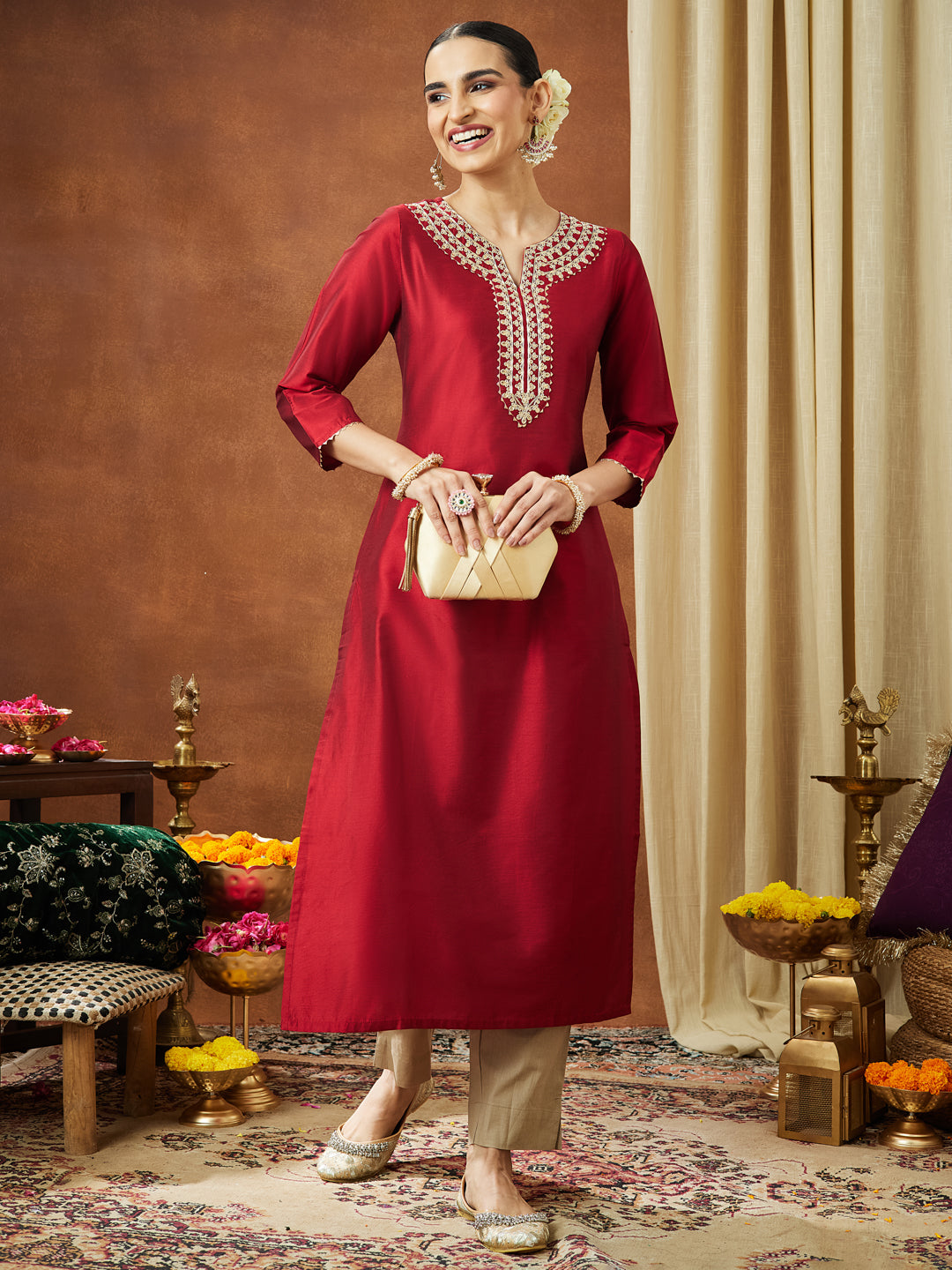 Janasya Women's Maroon Chanderi Silk Zari Yoke Embroidered Straight Kurta - qivii