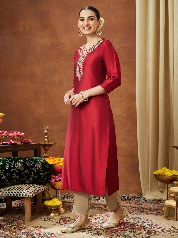 Janasya Women's Maroon Chanderi Silk Zari Yoke Embroidered Straight Kurta - qivii