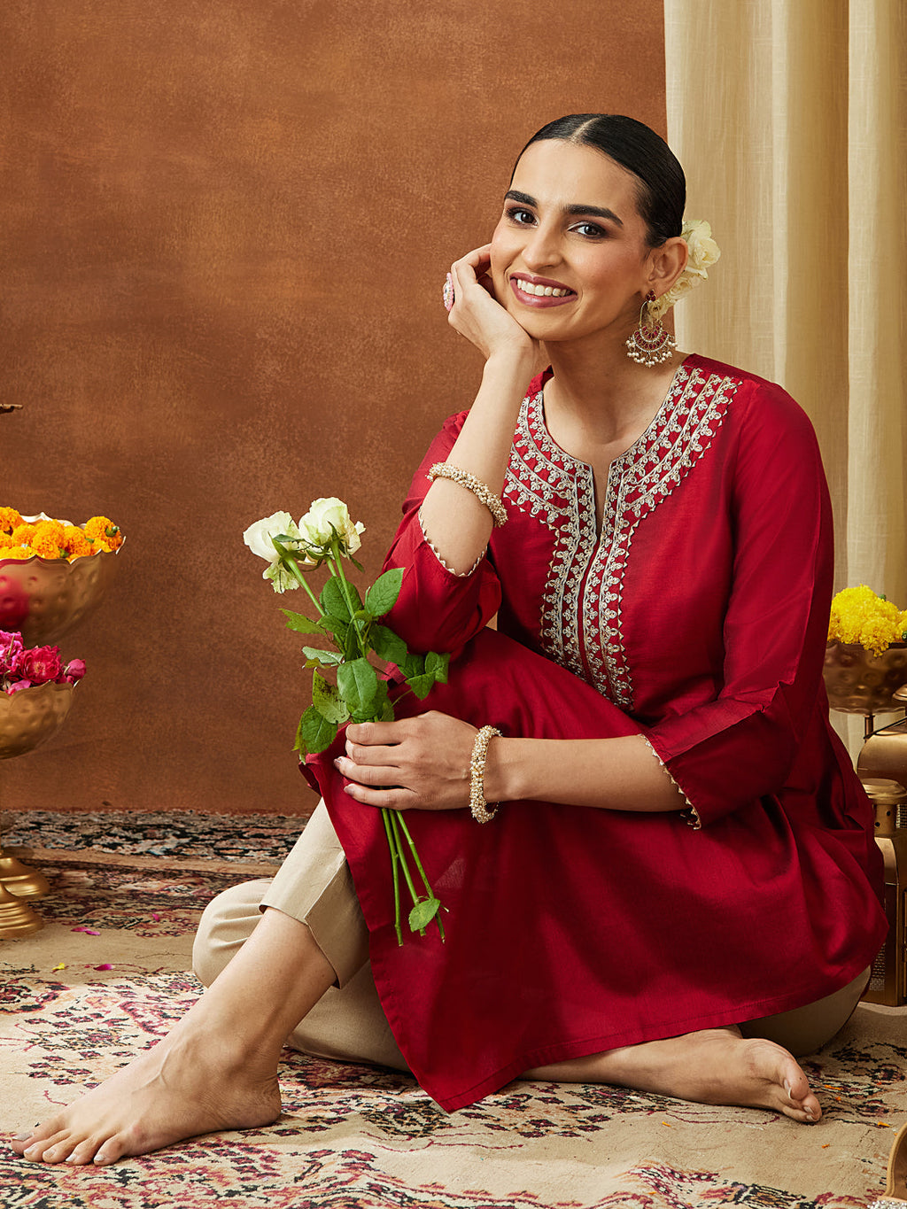 Janasya Women's Maroon Chanderi Silk Zari Yoke Embroidered Straight Kurta