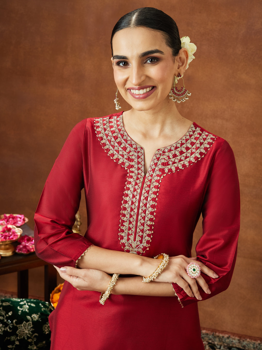 Janasya Women's Maroon Chanderi Silk Zari Yoke Embroidered Straight Kurta - qivii