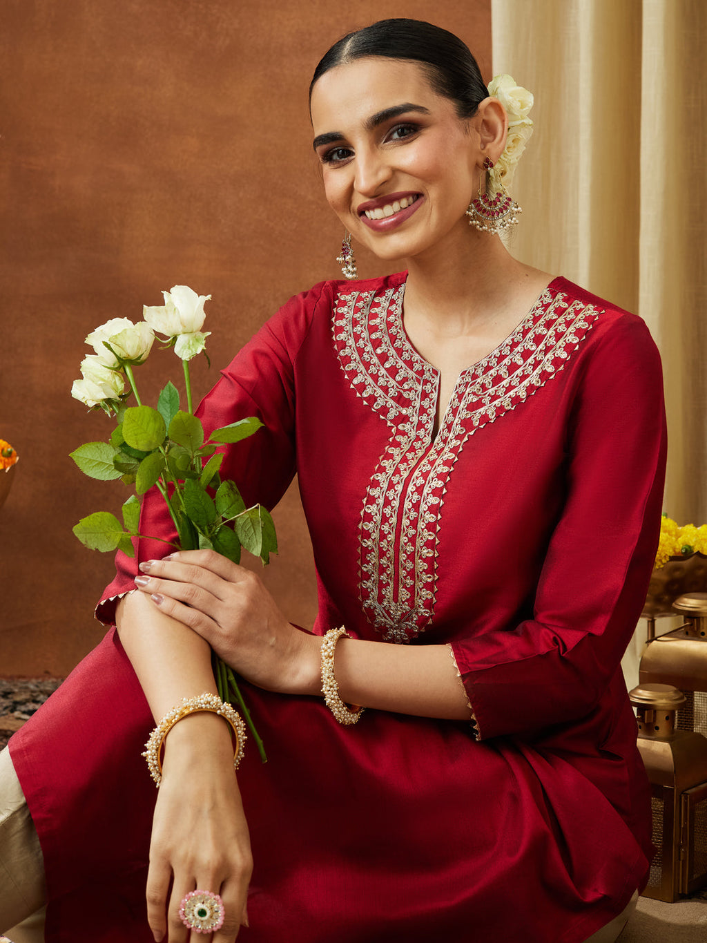 Janasya Women's Maroon Chanderi Silk Zari Yoke Embroidered Straight Kurta