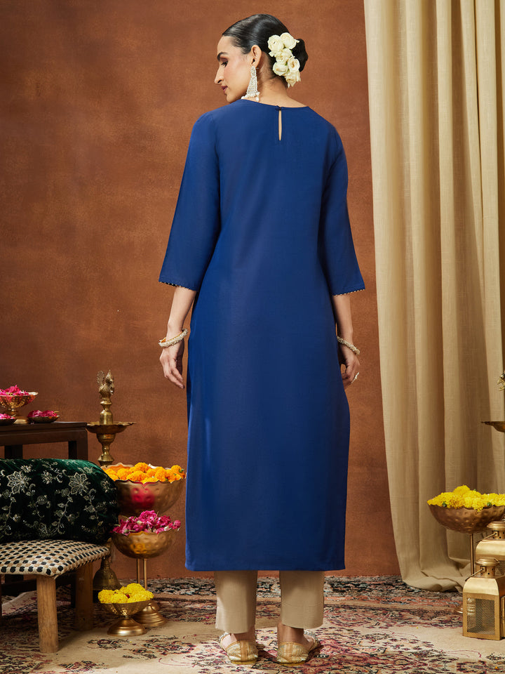 Janasya Women's Navy Blue Chanderi Silk Zari Yoke Embroidered Straight Kurta