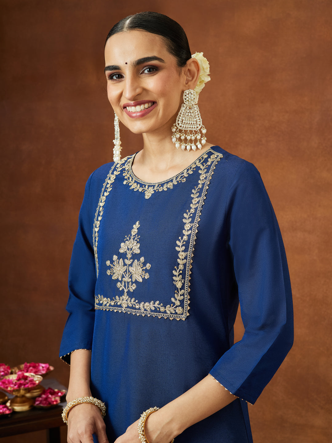 Janasya Women's Navy Blue Chanderi Silk Zari Yoke Embroidered Straight Kurta