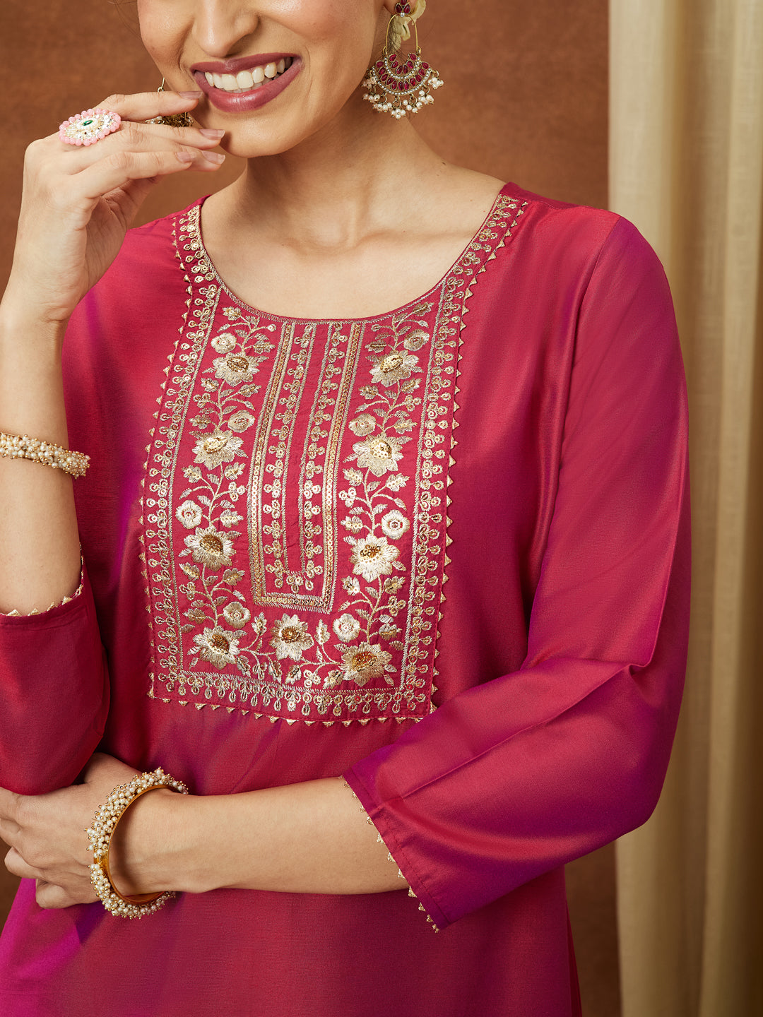 Janasya Women's Pink Chanderi Silk Zari Yoke Embroidered Straight Kurta - qivii