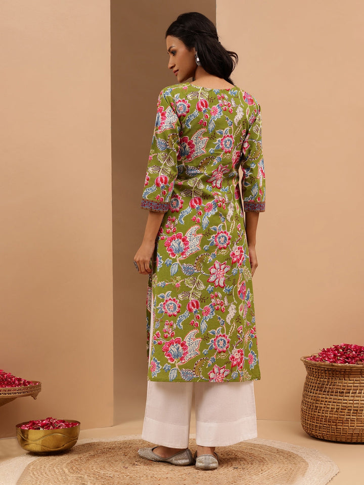 Janasya Women's Green Pure Cotton Floral Printed Straight Kurta - qivii