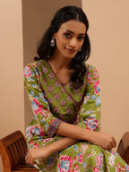Janasya Women's Green Pure Cotton Floral Printed Straight Kurta