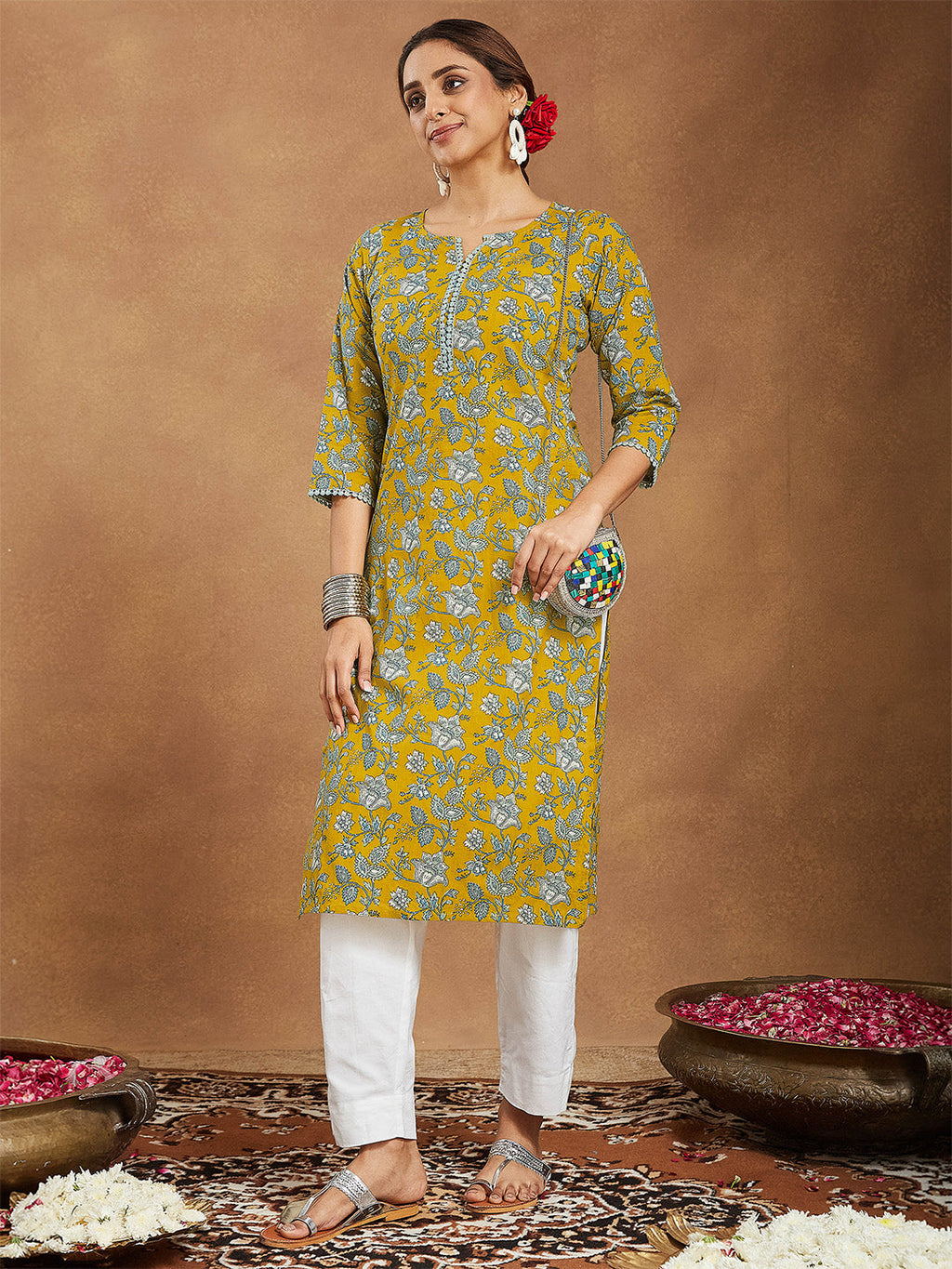 Janasya Women's Mustard Pure Cotton Floral Printed Straight Kurta