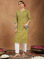 Janasya Women's Mustard Pure Cotton Floral Printed Straight Kurta