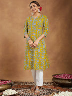 Janasya Women's Mustard Pure Cotton Floral Printed Straight Kurta