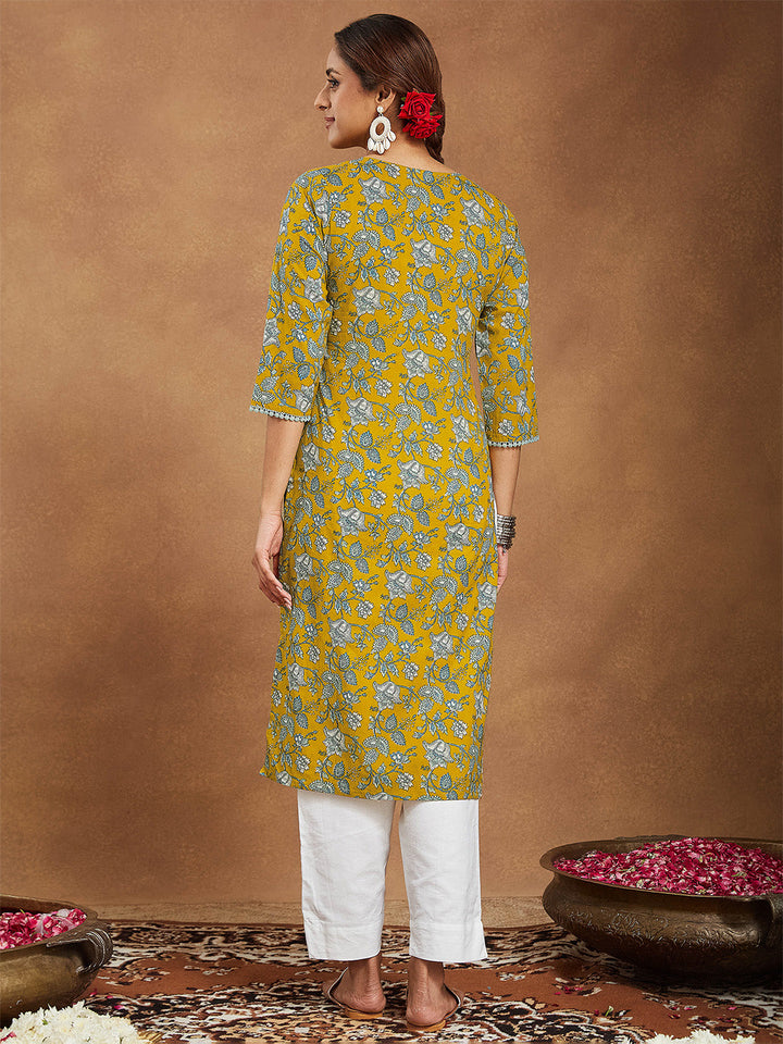 Janasya Women's Mustard Pure Cotton Floral Printed Straight Kurta - qivii