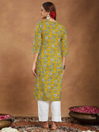 Janasya Women's Mustard Pure Cotton Floral Printed Straight Kurta