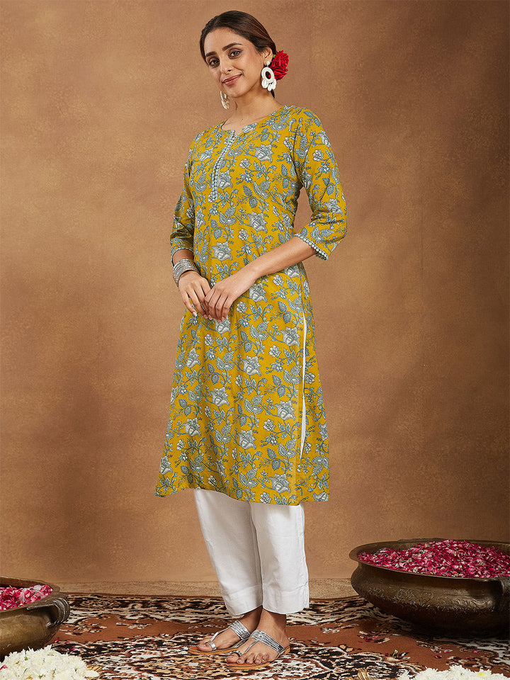 Janasya Women's Mustard Pure Cotton Floral Printed Straight Kurta - qivii