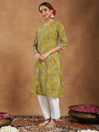 Janasya Women's Mustard Pure Cotton Floral Printed Straight Kurta