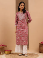 Janasya Women's Pink Pure Cotton Yoke Embroidered Straight Kurta