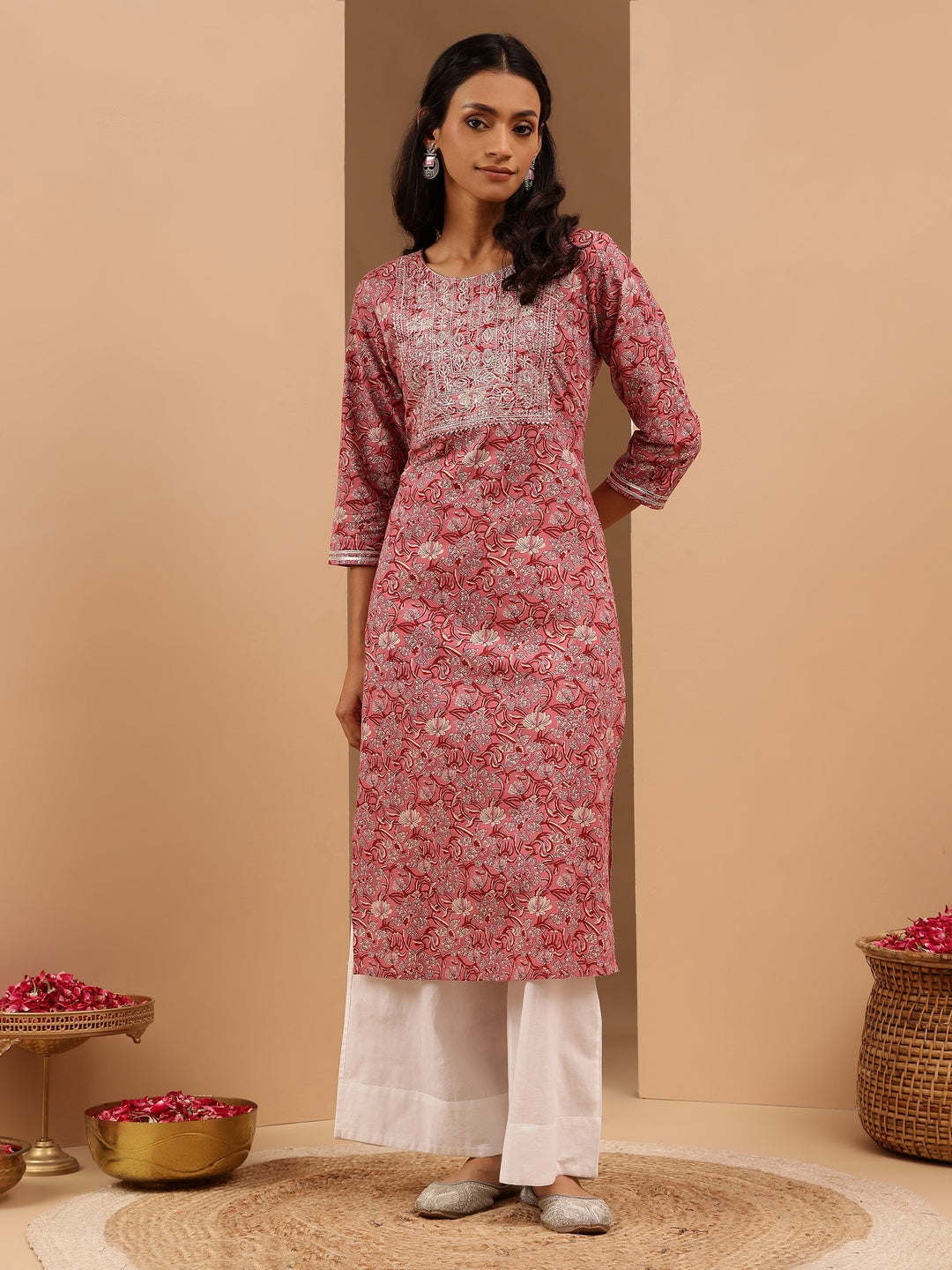 Janasya Women's Pink Pure Cotton Yoke Embroidered Straight Kurta