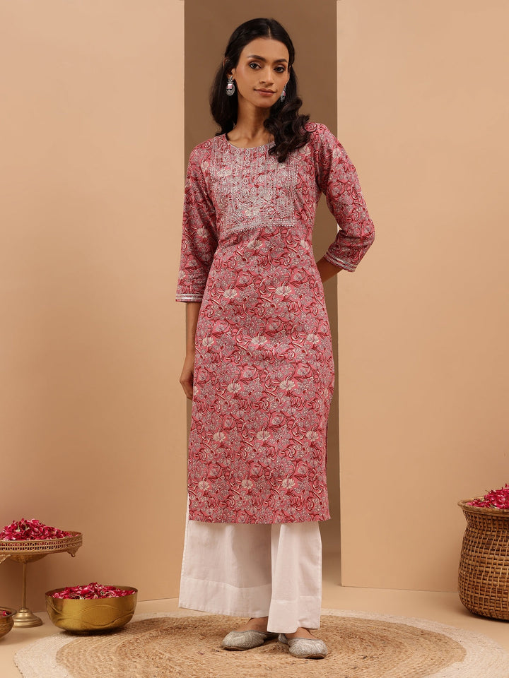 Janasya Women's Pink Pure Cotton Yoke Embroidered Straight Kurta - qivii