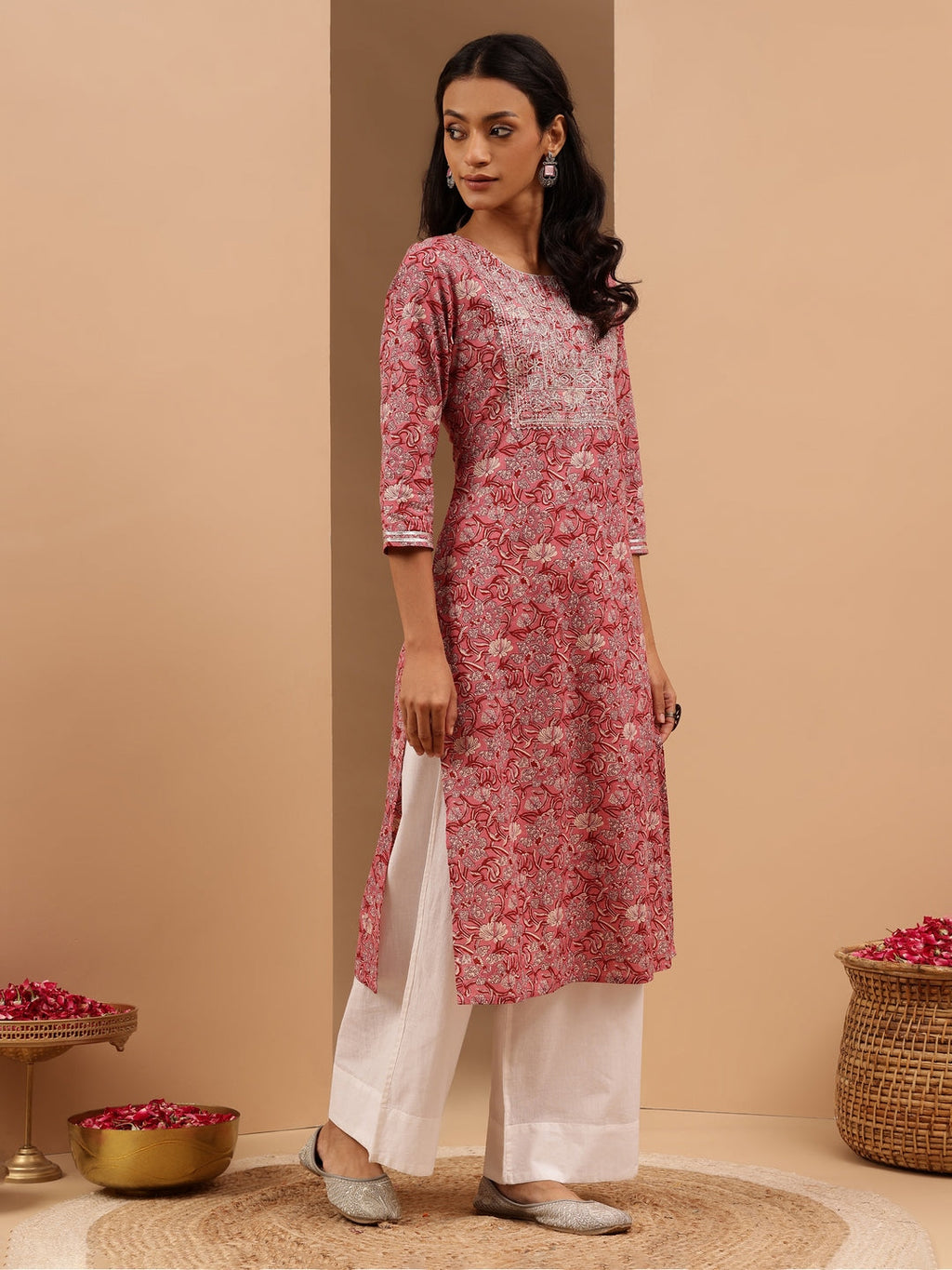Janasya Women's Pink Pure Cotton Yoke Embroidered Straight Kurta